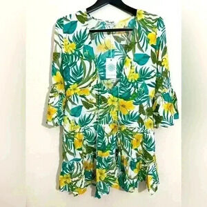 Blue Island Floral Tiered Beach Tropical Ruffle Cover Up Women's Size S NWT
